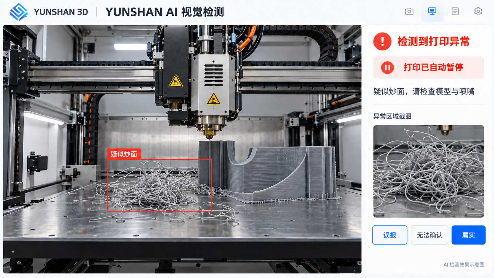 AI 视觉检测效果示意：疑似炒面异常框、暂停提示与人工确认